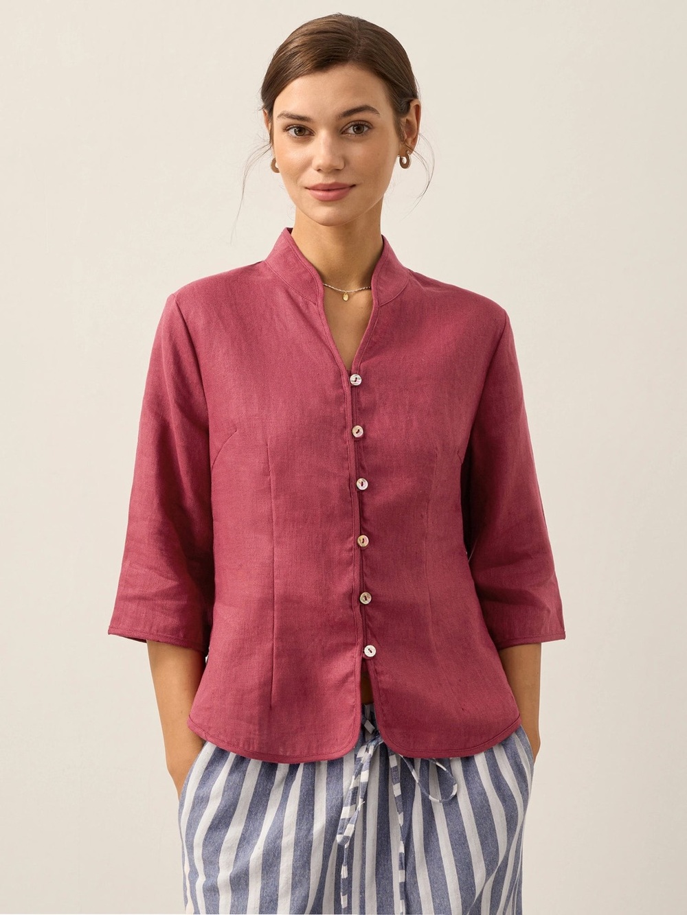 NWT LINTICO size M 100% linen AMELIA LHand Button Fitted Jacket 3/4 slv Mandarin